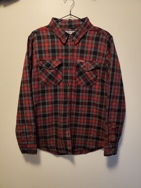 Dixxon Flannel Club Tattoo Womens L Large Red Black Grey Sugar Skull Mint EUC